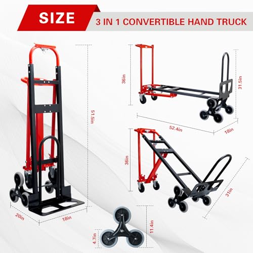 3 in 1 Stair Climbing Dolly Cart with Wheels 1000LBS(Red) | Convertible Hand Truck,Stair Dolly Climber Heavy Duty with Solid Wheels for Moving,Transport in Warehouses,Factory - color: Red