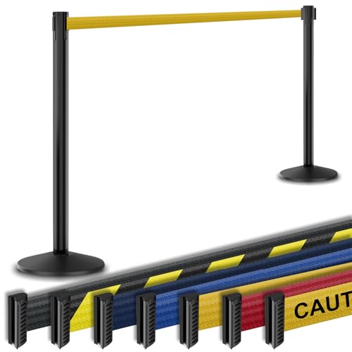 Commercial-Grade Stanchion 2-Pack by Visiontron – RETRACTA-Belt Prime (Model P101SB) 10’ Retractable Belt Barrier - Heavy Base Crowd Control Barrier (Black Post w/Yellow Belt) | Commercial Grade Retractable Belt Stanchions, PRIME, Cement Base, Tool-Free,