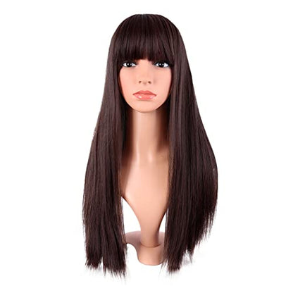 MapofBeauty 24 Inch Long Straight Flat Bangs Party Cosplay Wig, Dark Brown | 60 cm Synthetic Hair Wig, Heat Resistant, Women - color: Dark Brown