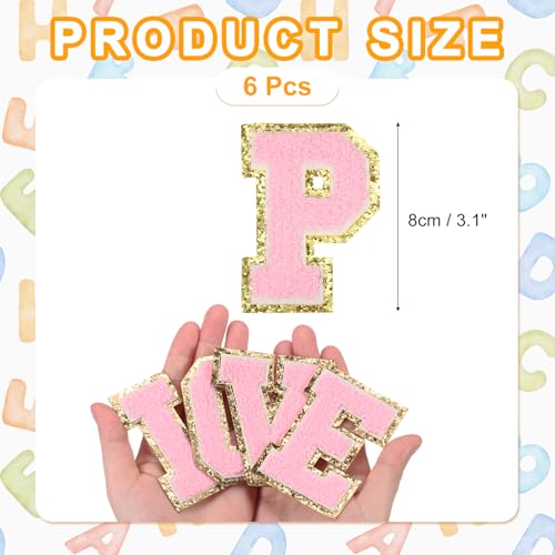 MECCANIXITY Chenille Letter Patches 3.1" Alphabet P Iron on Embroidered Patch Sew on Letter Stickers Applique for Repairing Clothing Jeans Shoes Hats DIY(Pink, Pack of 6) - style: Letter-P