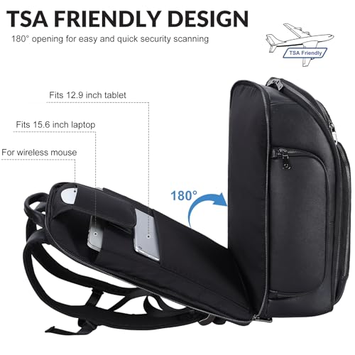 TIDING Genuine Leather Backpack for Men 15.6" Laptop Business Travel Bag | TSA Approved 180° Open, Dual Device Storage, Water-Resistant, Water Bottle Pocket, Luggage Strap, Adjustable Chest Belt - color: Black-for 15.6" Laptop