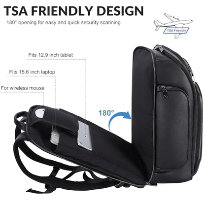 TIDING Genuine Leather Backpack for Men 15.6" Laptop Business Travel Bag | TSA Approved 180° Open, Dual Device Storage, Water-Resistant, Water Bottle Pocket, Luggage Strap, Adjustable Chest Belt - color: Black-for 15.6" Laptop