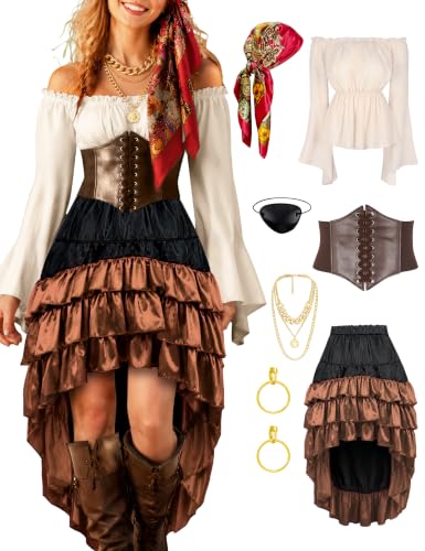 Pirate Costume Women Outfits Renaissance Halloween Costume | Also dress up for Steampunk / Renaissance/ Gypsy Costume - color: Brown, size: Small