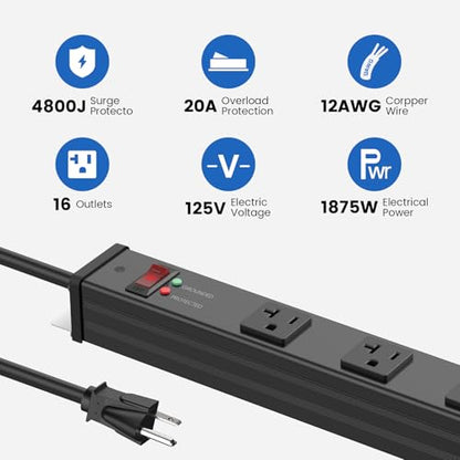 JUNNUJ Long 16 Outlet Power Strip Surge Protection 4800J, Wide Spaced Industrial Heavy Duty Outlets with 20Amp Switch, High Amp Extension Cord 6-20R T-Slot 4FT Black - size: 4FT