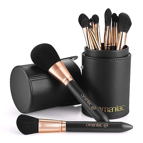 OMANIAC Makeup Brush Set Professional, 12 Pearlescent Wood Handle Makeup Brushes, Premium Cruelty-Free Synthetic Fiber Hair, Travel Make up Brushes Set with Case (Black). - color: Rose Gold and Black, size: 12pcs