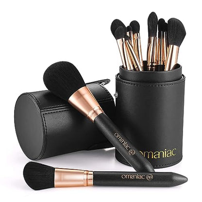 OMANIAC Makeup Brush Set Professional, 12 Pearlescent Wood Handle Makeup Brushes, Premium Cruelty-Free Synthetic Fiber Hair, Travel Make up Brushes Set with Case (Black). - color: Rose Gold and Black, size: 12pcs