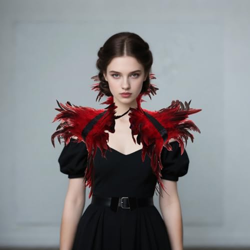 2Pcs Witch Feather Shawl Wrist Cuff for Women | Gothic Crow Shrug Shawl, for Halloween, Feather Costume Accessories - color: Red