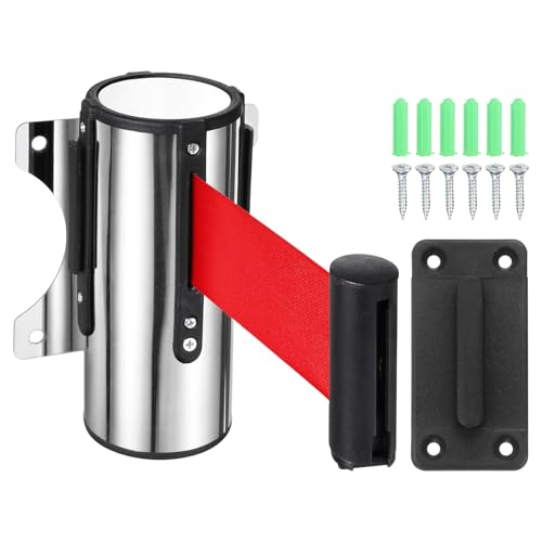 PATIKIL 16.4 Foot Fixed Wall Mount Retractable Belt Barrier Set Metal Safety Belt Barrier Rope with Braking System Locking Button for Crowd Control, Red - color: Red, size: 16.4 Foot