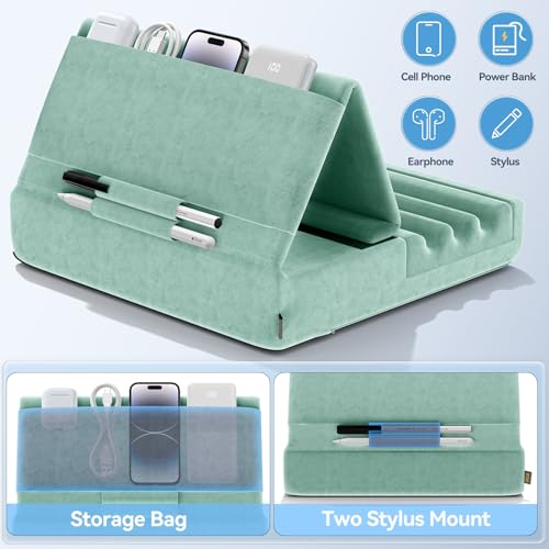 KDD Tablet Pillow Holder, Foldable iPad Stand for Lap, Bed and Desk -Tablet Soft Pad Dock with Pocket & Stylus Mount Compatible with iPad Pro 12.9, 10.5, 9.7 Air Mini 6 5 4 3, E-Reader - color: Green