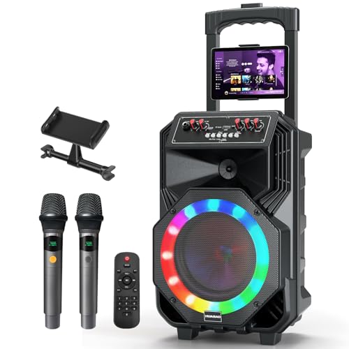 Karaoke Machine with 2 Wireless Microphones, Rolling Wheels and Trolley | 8800mAh Portable Bluetooth Speaker, PA System with Lights, Adjustable Bass/Treble/Echo for Parties, Indoor and Outdoor Use