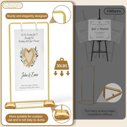 Wedding Welcome Sign Stand, Adjustable 50/68 Inch Metal Sign Holder, Gold | Overall size 68 x 31 x 20 in; ideal for seating charts, bridal showers, baby showers, graduations and ceremony entrances.