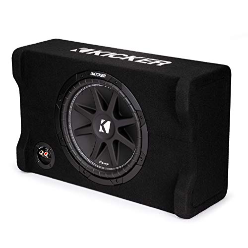 KICKER 48CDF124 Comp 12" Subwoofer in Down Firing Enclosure, 4-Ohm | Loaded ported box design, space-saving behind-seat truck fit, protected downward woofer, deep bass output, easy install