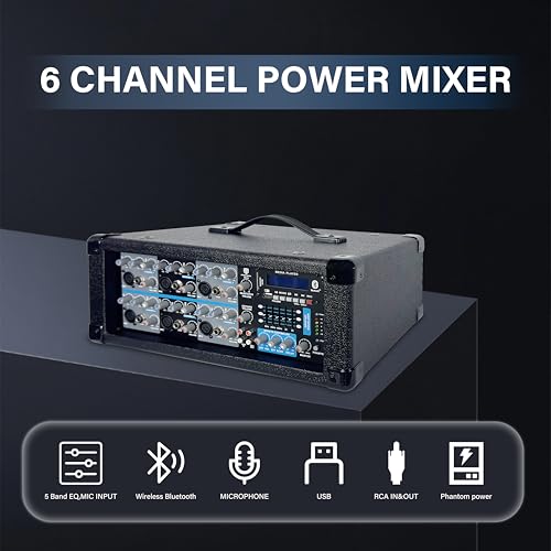 PRORECK Delta 126 2000W Bluetooth PA Speaker System with 6-Channel Powered Mixer, 2 12-Inch Passive Speakers, Stands, Reverb Effects, 15V Phantom Power. Perfect for DJs, Bands, Karaoke, Live Events - size: 12"+6 channel mixer