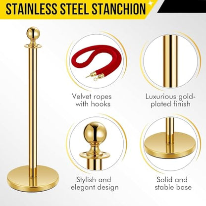 Garvee 2 Gold Stanchions and 1 Red-Velvet Rope, Stainless Steel Stanchion Post, 37.5 Ft High Crowd Control Barriers Stanchions, Red Carpet Runner Poles Set, for Party, Prom, Business, Wedding | Post, 37.5 Ft High Crowd Control Barriers Stanchions, Red Car