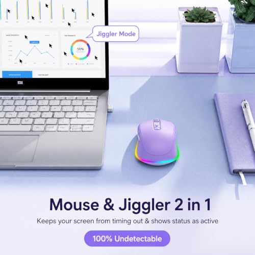 PEIOUS Wireless Mouse Jiggler - LED Wireless Mice with Build-in Mouse Mover, Rechargeable Moving Mouse for Laptop with Undetectable Random Movement Keeps Computers Awake - Purple - color: Purple