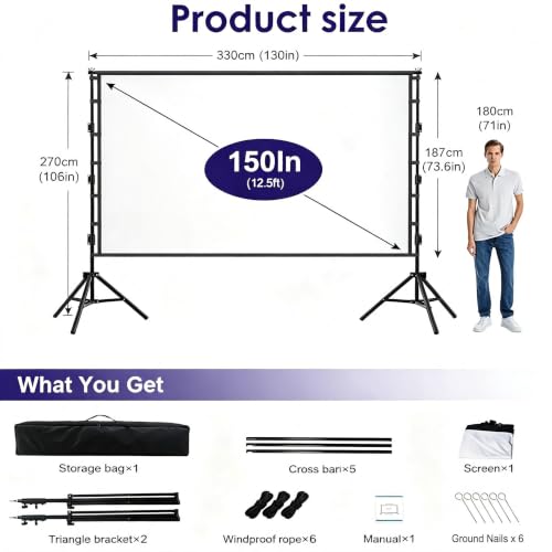 Outdoor Projector Screen with Stand, 150 inch Indoor Movie Screen 16:9 4K Rear Front Portable Projection Screen, Quick Setup Foldable Travel Home Theater Screen with Carry Bag for Backyard Camping - size: 150 inch-ZJ
