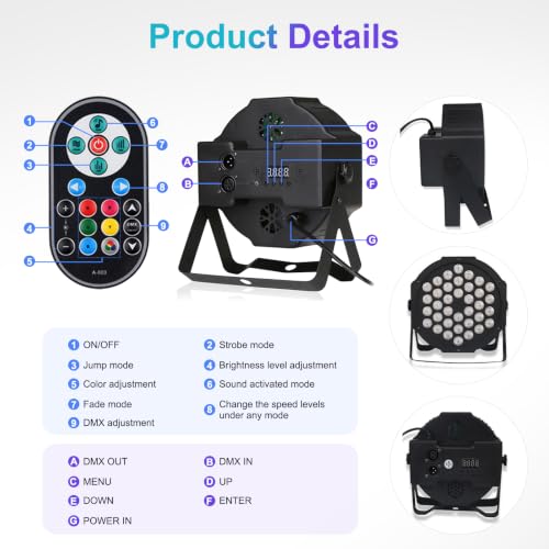 36 LED DJ Stage Par Lights - Sound Activated RGB, 9 Modes, Remote & DMX Control - 8 Pack
