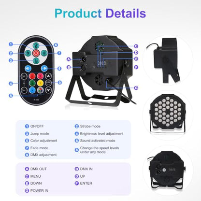 36 LED DJ Stage Par Lights - Sound Activated RGB, 9 Modes, Remote & DMX Control - 8 Pack