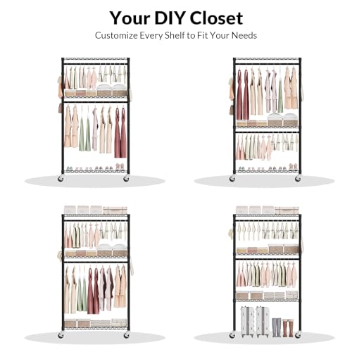 Heavy Duty Rolling Clothes Rack 3 Tiers, Metal Clothing Rack with Wheels, Adjustable Double Garment Rack, Closet Organizer System with 23.6" W x 15.7" D x 76" H, Max Load 400Lbs (Black) - color: Black, size: 23.6" W x 15.7" D x 76" H