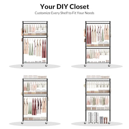 Heavy Duty Rolling Clothes Rack 3 Tiers, Metal Clothing Rack with Wheels, Adjustable Double Garment Rack, Closet Organizer System with 23.6" W x 15.7" D x 76" H, Max Load 400Lbs (Black) - color: Black, size: 23.6" W x 15.7" D x 76" H