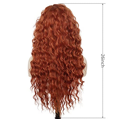 Long Ginger Red Curly Wig Merida Costume Fluffy Waves Free Part Hairline - color: Red