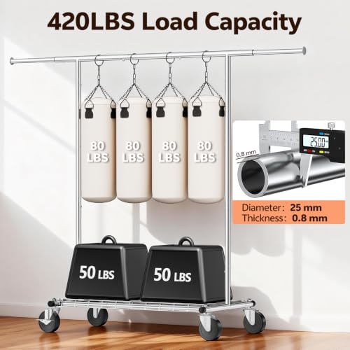 Heavy Duty Clothes Rack, Rolling Clothing Rack Load 420 LBS, Silver | Heavy Duty Clothing Rack for Hanging Clothes with Lockable Wheels & Shelves, Garment Rack for Bedroom Closet Laundry - color: Silver