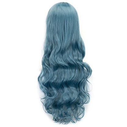 IMISSU 80cm Long Curly Natural Hair Cosplay Wig with Bangs Colorful Halloween Costume Party Wigs for Women (Navy Blue) - color: Navy Blue