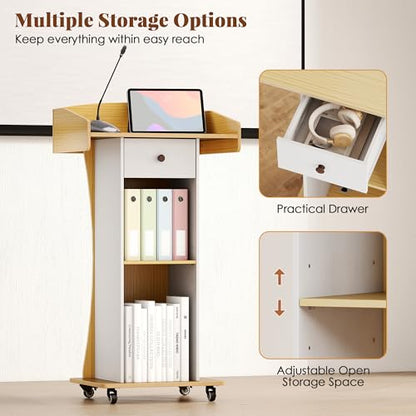 Podium Stand with Metal Wheels Wooden Lectern Podium Stand Portable Pulpit Standing with Storage Mobile Reception Podiums Desk for Church Office School Conference Restaurant Meeting,Wood - color: White&wood