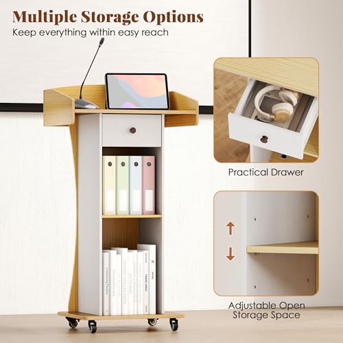 Podium Stand with Metal Wheels Wooden Lectern Podium Stand Portable Pulpit Standing with Storage Mobile Reception Podiums Desk for Church Office School Conference Restaurant Meeting,Wood - color: White&wood