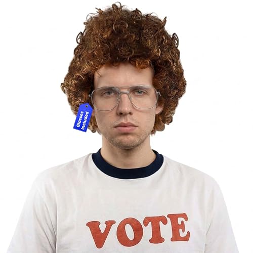ALLAURA Compatible with Napoleon Dynamite Wig – Pedro Costume Set with Glasses & Brown Afro Nerd Hair for Adults – Funny 80s Halloween Outfit, Retro Cosplay, Movie-Inspired Party or Couples Costume - color: 12-Brown