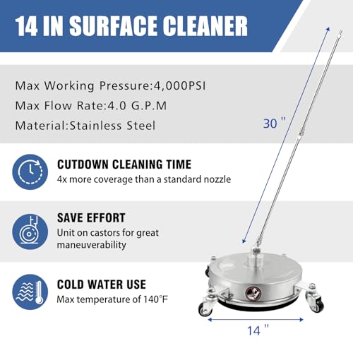 JANZ 14'' Pressure Washer Surface Cleaner | 4 Wheels, Stainless Steel Housing, 1/4'' Quick Plug, 2 Extension Wands, 2 Replacement Nozzles and 3 Spray Nozzles,4000 PSI - size: 14 Inch Silvery White