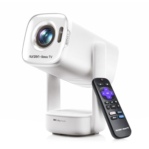 Aurzen Roku TV D1R air USB-C Powered Smart Portable Outdoor Projector White | Roku TV Built-in, WiFi & Bluetooth, Power Bank Supported, Native 1080P, DoIby Audio, Overhead Projector for Home & Outdoor