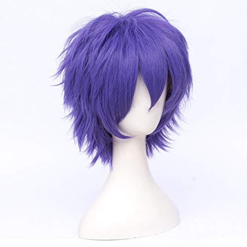 LABEAUTÉ Short Dark Lavender Anime Cosplay Wig Male Men Anime Layered Unisex Heat Resistant Hair Wig with Bangs for Party and Halloween for Gift + Free Cap - color: Dark Lavender