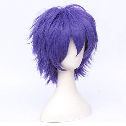 LABEAUTÉ Short Dark Lavender Anime Cosplay Wig Male Men Anime Layered Unisex Heat Resistant Hair Wig with Bangs for Party and Halloween for Gift + Free Cap - color: Dark Lavender