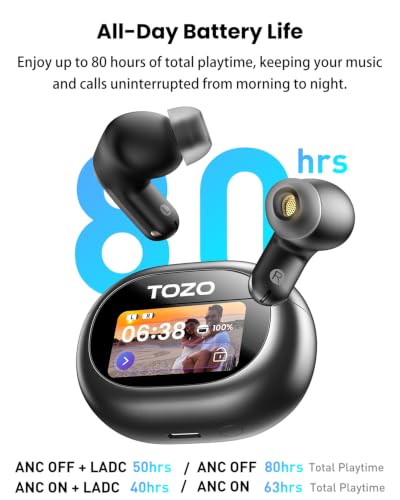 TOZO NC20 Pro Active Noise Cancelling Wireless Earbuds, Smart LCD Screen | LDAC Hi-Res Audio, Stereo Bass, 6 Mics AI Call Ear Buds, 80H Playtime, IPX8 Waterproof, 32 EQ via App Wireless Charging Black - color: Ink Black