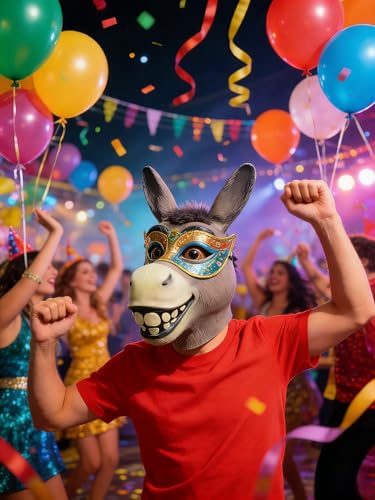 Donkey Mask, Funny Latex Animal Head Mask for Fancy Party Props | Realistic lightweight & breathable. Great for Halloween, carnival, masquerade, fancy dress, cosplay & parties
