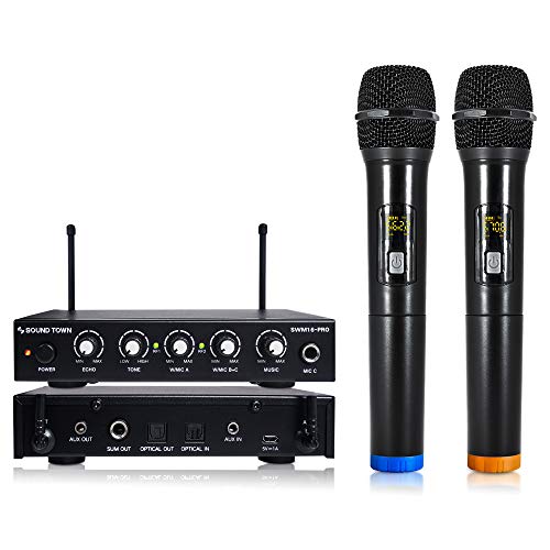 Sound Town 16 Channels Wireless Microphone Karaoke Mixer System with Optical (Toslink), AUX and 2 Handheld Microphones - Supports Smart TV, Home Theater, Sound Bar (SWM16-PRO) - color: Blue & Orange