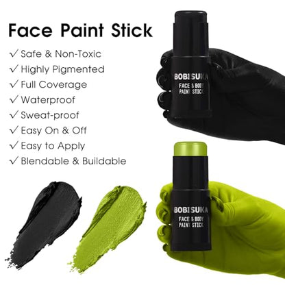 BOBISUKA Light Green & Black Face Body Paint Stick Kit with Black Lipstick & Eyeliner Pen, Setting Powder & 2 Sponges – Halloween Makeup Set for Beetle Juice, Demon, Monsters, Witches & Gothic Looks - color: Light Green & Black Painting Stick Set