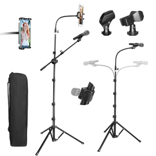 2 in1 Microphone Floor Tripod & Phone/Ipad Stand Foldable, 78" Tall Boom Mic Tripod with Tablet Holder, For Stage, Singing, Karaoke, Speech and Performance, 17" Min Storage size with Carry Bag