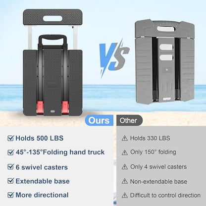 Folding Hand Truck, 500 LBS Heavy Duty Foldable Dolly Cart with Wheels, Telescoping Handle & 2 Elastic Ropes, Portable Luggage Cart for Moving, Travel, Home, Black Red