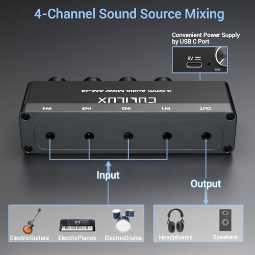 Cubilux 4-Channel 3.5mm Audio Mixer, Ultra-Low-Noise Mini Audio Mixer for Sub-Mixing, 1/8 TS/TRS Input, Stereo Switcher Suitable for Guitars, Bass, Keyboards