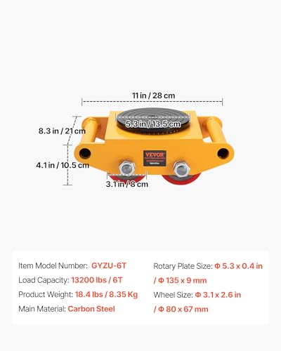 VEVOR 6-Ton Machinery Skate Dolly, 13,200 lb Capacity, Heavy-Duty Carbon Steel Mover with 4 PU Wheels, 360° Swivel & Non-Slip Pad for Warehouse, Workshop, Factory - size: 1 Pack-PU Wheels