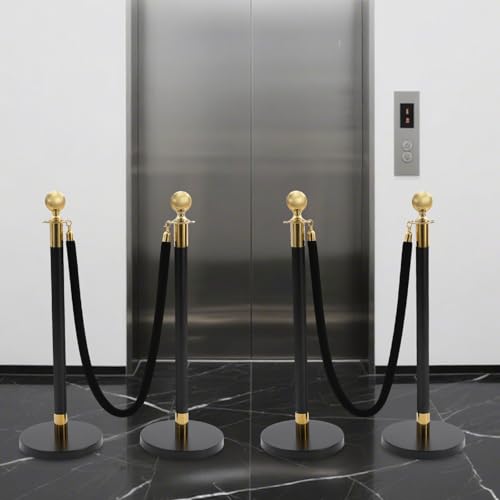 4Pcs Stainless Steel Stanchion Post with Ball Top, Crowd Control Barriers with 2 Pcs 5FT Black Velvet Carpet Ropes, Safety Barriers Set for Party (Gold+Black) - color: Gold+Black, size: 4PCS