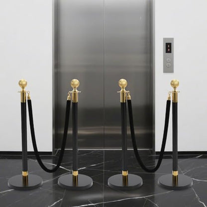 4Pcs Stainless Steel Stanchion Post with Ball Top, Crowd Control Barriers with 2 Pcs 5FT Black Velvet Carpet Ropes, Safety Barriers Set for Party (Gold+Black) - color: Gold+Black, size: 4PCS