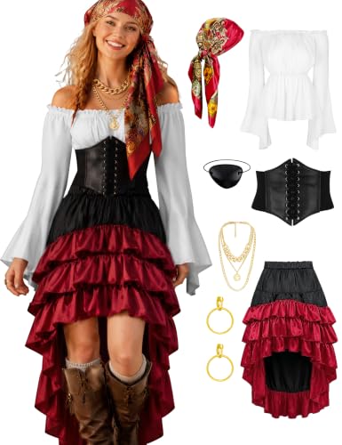 Pirate Costume Women Outfits Renaissance Halloween Costume | Also dress up for Steampunk / Renaissance/ Gypsy Costume - color: White, size: Small