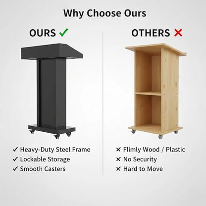 Podium Stand with 4 Locking Wheels, Heavy-Duty Metal Lectern with Large Lockable Storage Cabinet, Flat Desktop for Church, School, Office, and Conference, 43.7" H, Black - color: Classic Rectangular Steel - Black