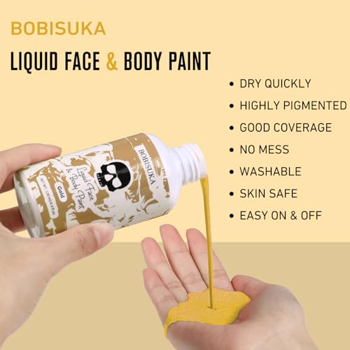 BOBISUKA Gold Face Body Paint Liquid Texture Washable Non Toxic Facepaint Fast Drying Metallic Gold Foundation Makeup for Halloween Cosplay SFX Costume Party Large Capacity(130ml) - color: Gold