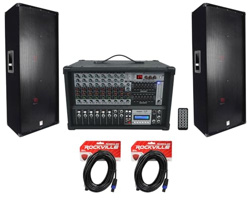 Rockville RSG15.24 Dual 15" 3-Way PA Speaker Pair with RPM109 V2 Mixer | 3000W Peak / 1500W RMS, RPM109 V2 12 Channel Mixer, 7 Band EQ, Effects, USB, 48V, 2 Speakon Cables, 5-Items