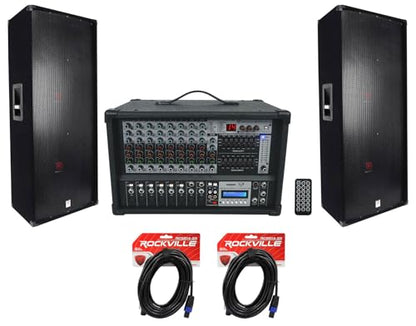 Rockville RSG15.24 Dual 15" 3-Way PA Speaker Pair with RPM109 V2 Mixer | 3000W Peak / 1500W RMS, RPM109 V2 12 Channel Mixer, 7 Band EQ, Effects, USB, 48V, 2 Speakon Cables, 5-Items
