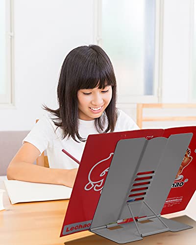 Large Book Stand for Desk Reading Hands Free, MSDADA Adjustable Book Holder - color: Grey